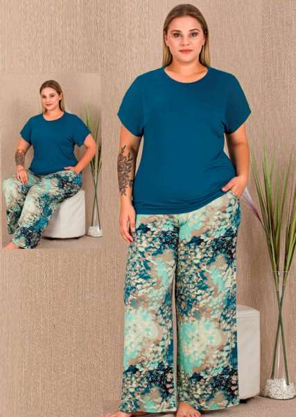 Desenli Bol Paçalı Kısa Kollu Bisiklet Yakalı Viskon Kumaş Büyük Beden Pijama Takımı