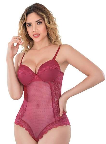 Destekli Push Up Agraflı Tül Dantel Body Suit