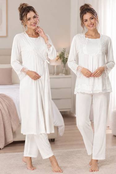 Effortt - Ekru Hamile Lohusa Sabahlıklı Pijama Takımı 3lü Set