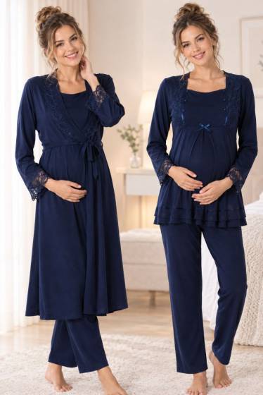 Effortt - Lacivert Hamile Lohusa Sabahlıklı Pijama Takımı 3lü Set