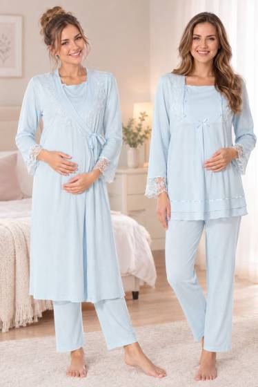 Effortt - Mavi Hamile Lohusa Sabahlıklı Pijama Takımı 3lü Set
