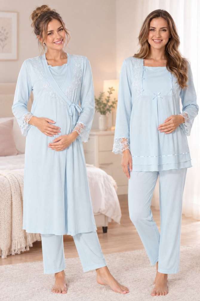 Mavi Hamile Lohusa Sabahlıklı Pijama Takımı 3lü Set