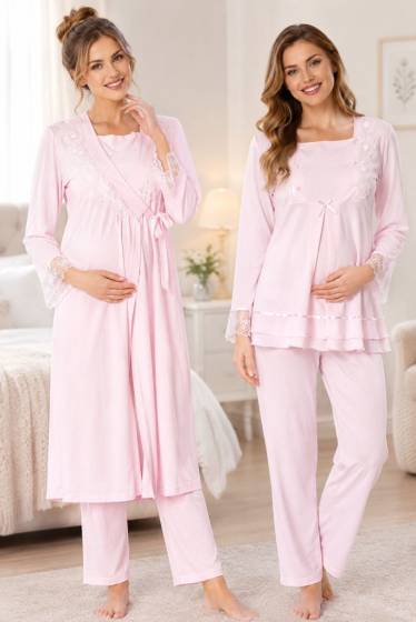 Effortt - Pembe Hamile Lohusa Sabahlıklı Pijama Takımı 3lü Set