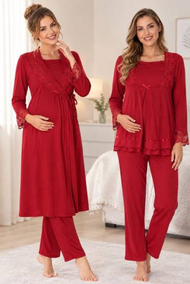 Effortt - Vişne Hamile Lohusa Sabahlıklı Pijama Takımı 3lü Set
