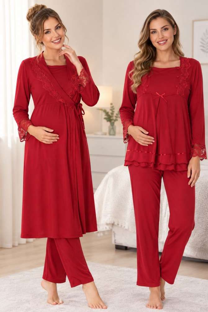 Vişne Hamile Lohusa Sabahlıklı Pijama Takımı 3lü Set