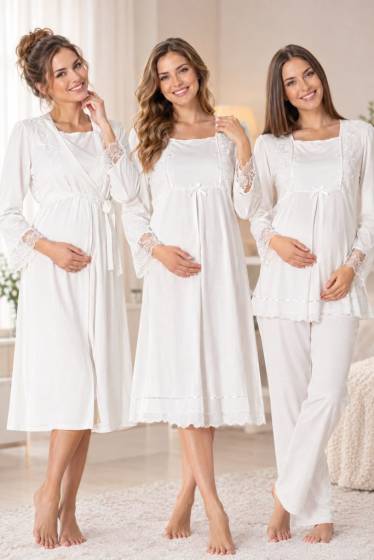 Effortt - Ekru Hamile Lohusa Sabahlıklı Gecelik ve Pijama Takımı 4 Lü Set
