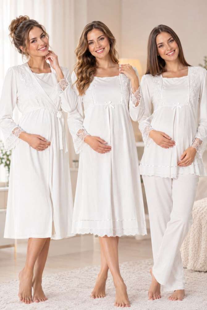Ekru Hamile Lohusa Sabahlıklı Gecelik ve Pijama Takımı 4 Lü Set