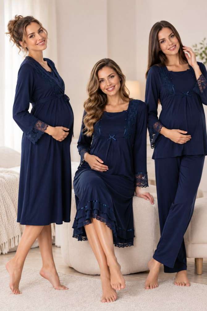 Lacivert Hamile Lohusa Sabahlıklı Gecelik ve Pijama Takımı 4 Lü Set