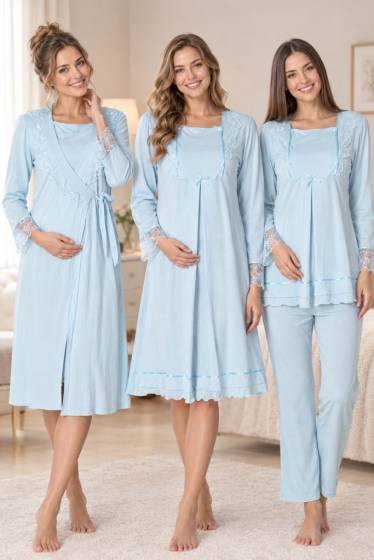 Effortt - Mavi Hamile Lohusa Sabahlıklı Gecelik ve Pijama Takımı 4 Lü Set