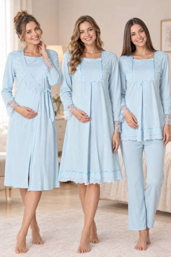 Mavi Hamile Lohusa Sabahlıklı Gecelik ve Pijama Takımı 4 Lü Set