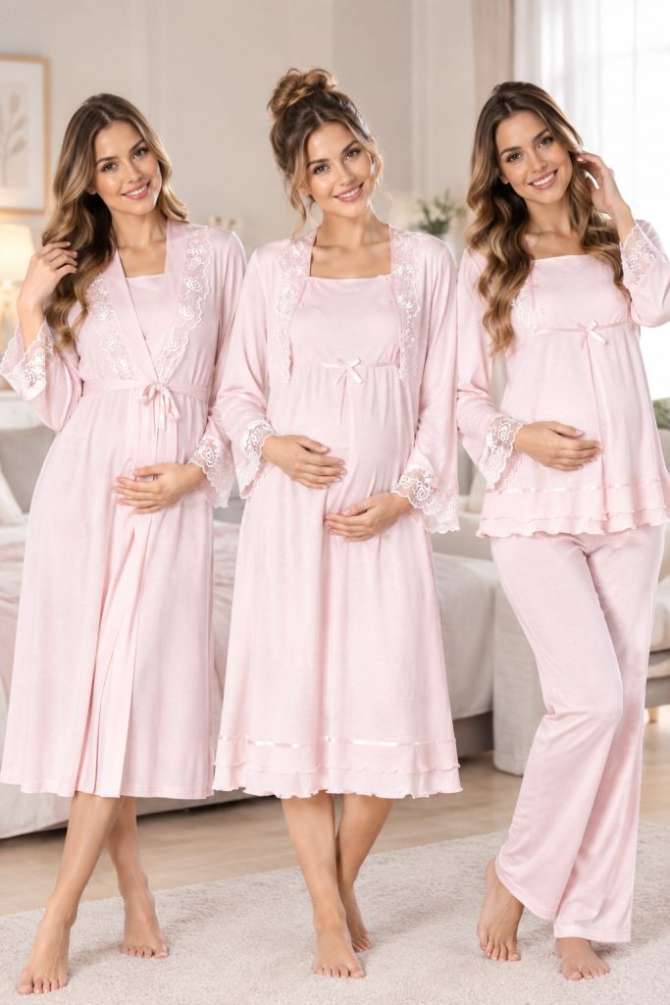 Pembe Hamile Lohusa Sabahlıklı Gecelik ve Pijama Takımı 4 Lü Set