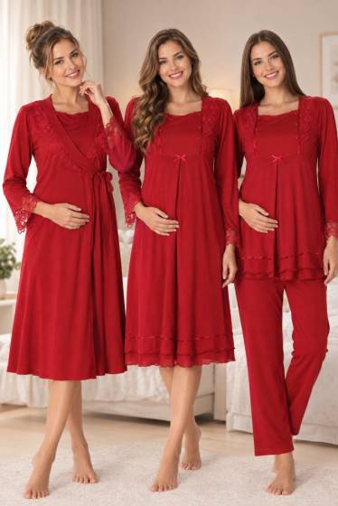 Effortt - Vişne Hamile Lohusa Sabahlıklı Gecelik ve Pijama Takımı 4 Lü Set