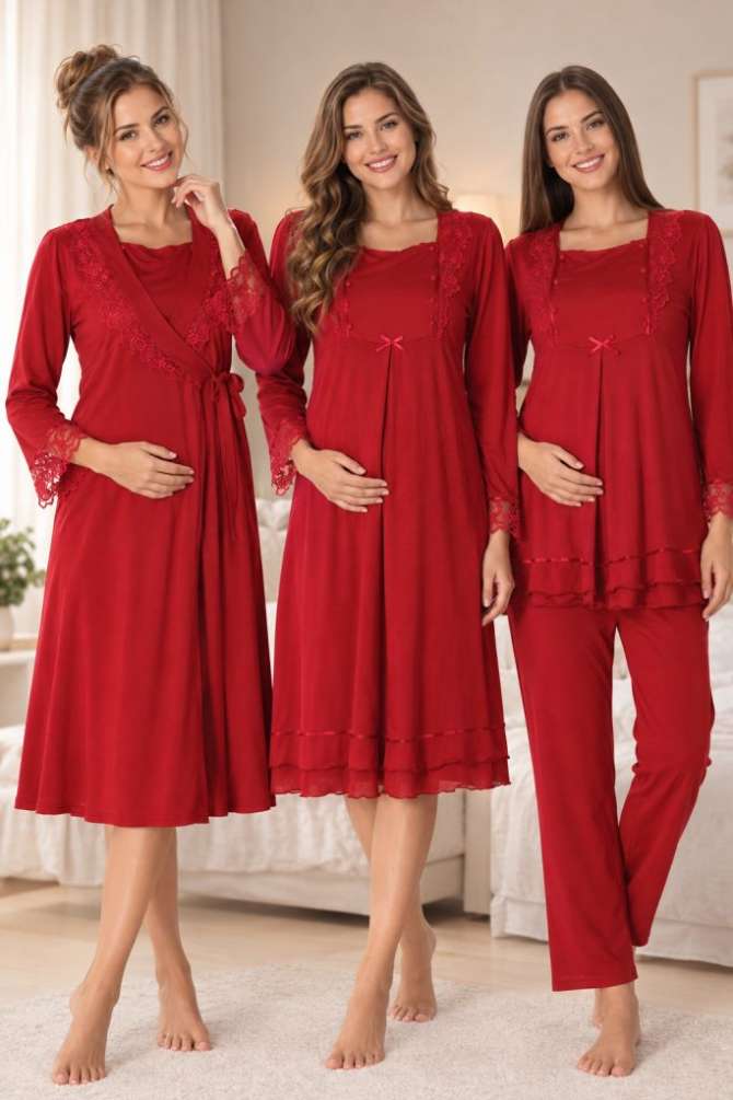 Vişne Hamile Lohusa Sabahlıklı Gecelik ve Pijama Takımı 4 Lü Set