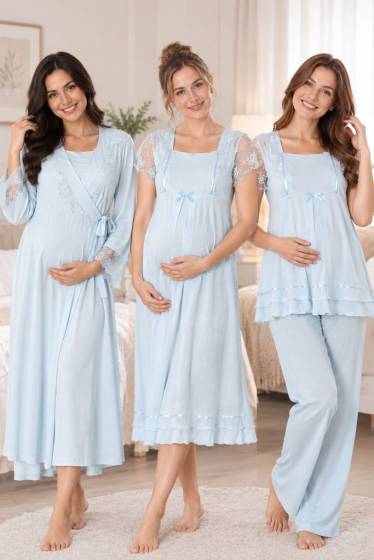 Effortt - Mavi Emzirme Özellikli Hamile Lohusa Sabahlıklı Gecelik ve Pijama Takım 4 Parça