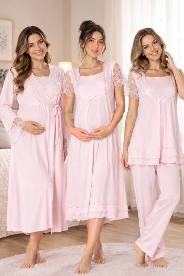 Effortt - Pembe Emzirme Özellikli Hamile Lohusa Sabahlıklı Gecelik ve Pijama Takım 4 Parça