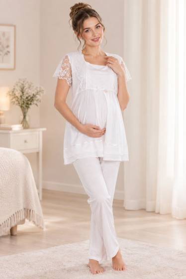 Effortt - Ekru Emzirme Özellikli Ayarlanabilir Bel Lastikli Hamile Lohusa Pijama Takımı