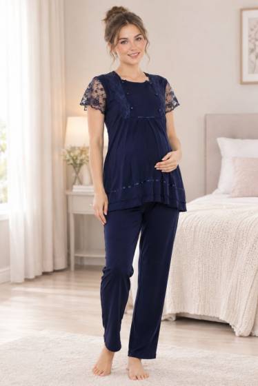 Effortt - Lacivert Emzirme Özellikli Ayarlanabilir Bel Lastikli Hamile Lohusa Pijama Takımı