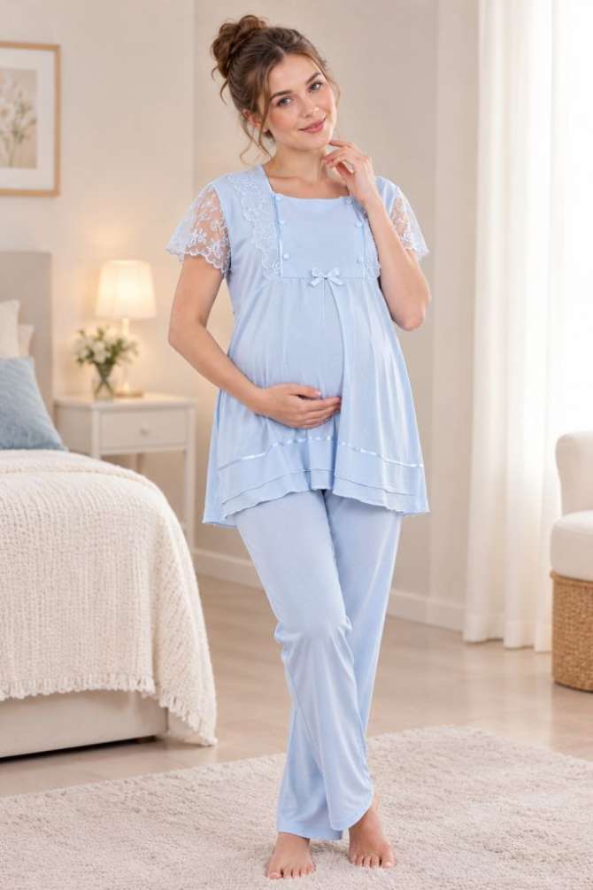 Mavi Emzirme Özellikli Ayarlanabilir Bel Lastikli Hamile Lohusa Pijama Takımı