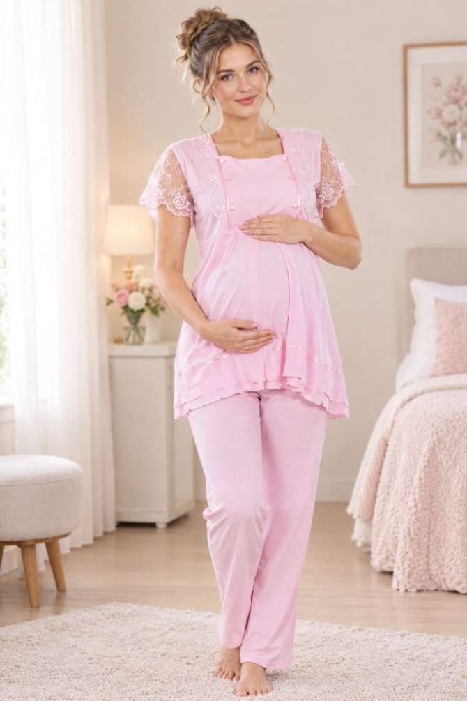 Pembe Emzirme Özellikli Ayarlanabilir Bel Lastikli Hamile Lohusa Pijama Takımı