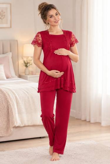 Effortt - Vişne Emzirme Özellikli Ayarlanabilir Bel Lastikli Hamile Lohusa Pijama Takımı