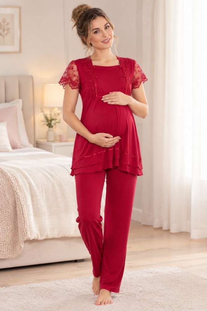 Vişne Emzirme Özellikli Ayarlanabilir Bel Lastikli Hamile Lohusa Pijama Takımı