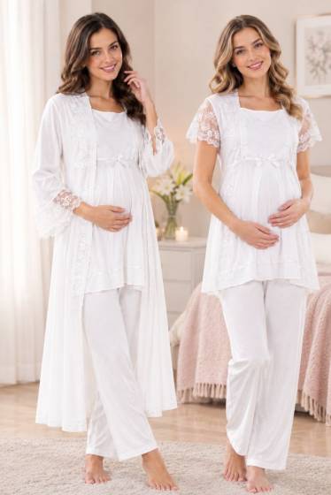 Effortt - Ekru Hamile Lohusa Sabahlıklı Emzirme ve Ayarlanabilir Bel Pijama Takımı 3 Parça