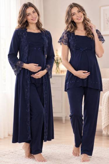 Effortt - Lacivert Hamile Lohusa Sabahlıklı Emzirme ve Ayarlanabilir Bel Pijama Takımı 3 Parça