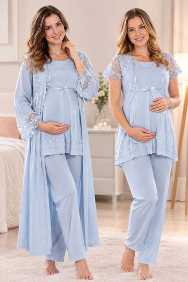 Effortt - Mavi Hamile Lohusa Sabahlıklı Emzirme ve Ayarlanabilir Bel Pijama Takımı 3 Parça