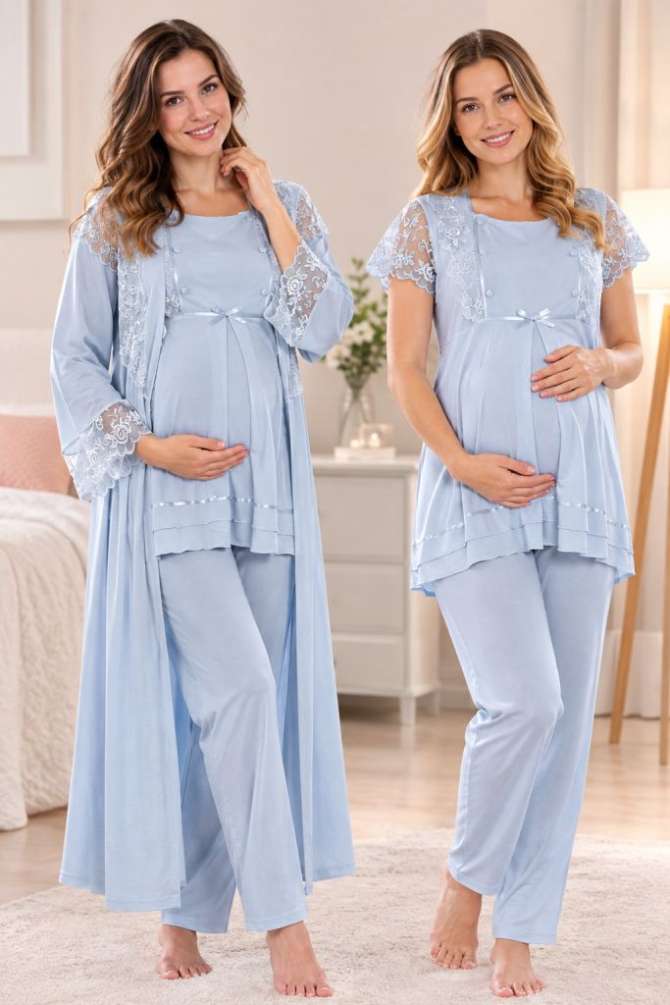 Mavi Hamile Lohusa Sabahlıklı Emzirme ve Ayarlanabilir Bel Pijama Takımı 3 Parça