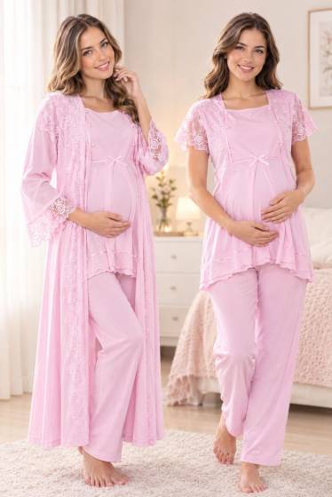 Effortt - Pembe Hamile Lohusa Sabahlıklı Emzirme ve Ayarlanabilir Bel Pijama Takımı 3 Parça