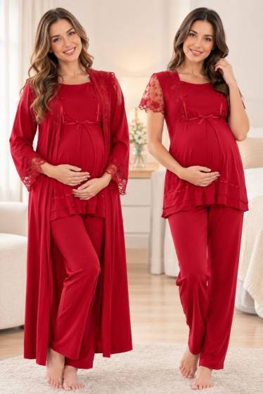 Effortt - Vişne Hamile Lohusa Sabahlıklı Emzirme ve Ayarlanabilir Bel Pijama Takımı 3 Parça