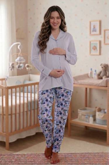 Effortt - Mavi Hamile Lohusa Önden Düğmeli Pijama Takımı