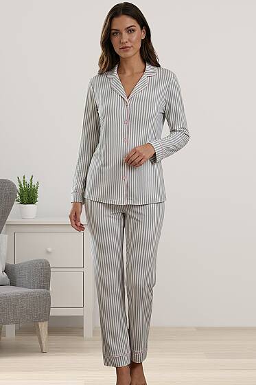 Effortt - Gri Çizgili Önden Düğmeli Uzun Kollu Kadın Pijama Takımı