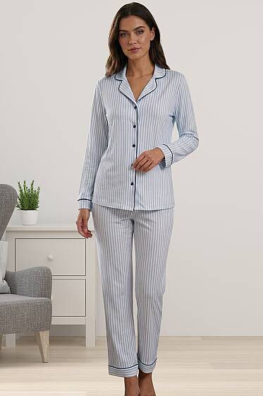 Effortt - Mavi Çizgili Önden Düğmeli Uzun Kollu Kadın Pijama Takımı