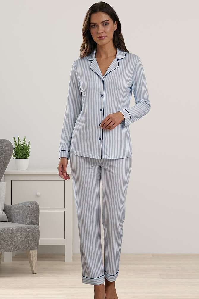 Effortt - Mavi Çizgili Önden Düğmeli Uzun Kollu Kadın Pijama Takımı