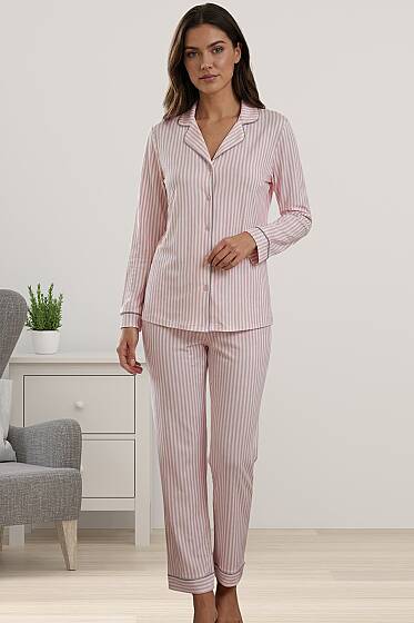 Effortt - Pembe Çizgili Önden Düğmeli Uzun Kollu Kadın Pijama Takımı