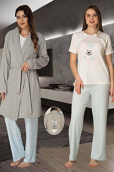 Effortt - Mavi Pamuklu Hamile Lohusa Sabahlıklı Pijama Takımı 3lü Set (1)