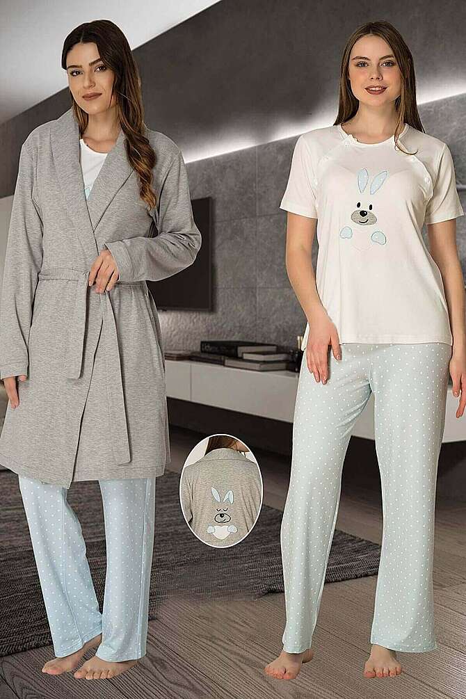 Mavi Pamuklu Hamile Lohusa Sabahlıklı Pijama Takımı 3lü Set