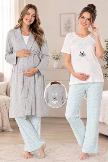 Effortt - Mavi Pamuklu Hamile Lohusa Sabahlıklı Pijama Takımı 3lü Set