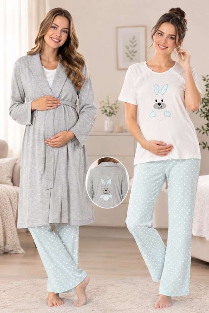 Mavi Pamuklu Hamile Lohusa Sabahlıklı Pijama Takımı 3lü Set