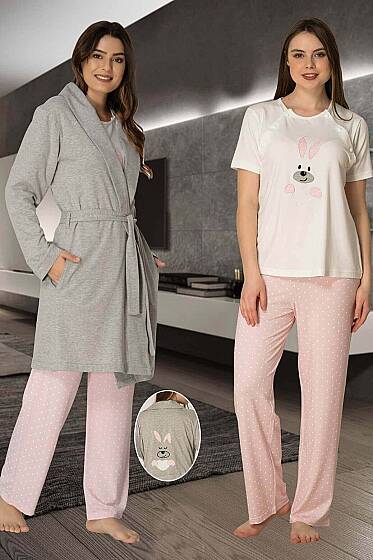 Effortt - Pembe Pamuklu Hamile Lohusa Sabahlıklı Pijama Takımı 3lü Set (1)