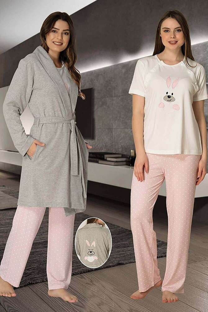 Pembe Pamuklu Hamile Lohusa Sabahlıklı Pijama Takımı 3lü Set