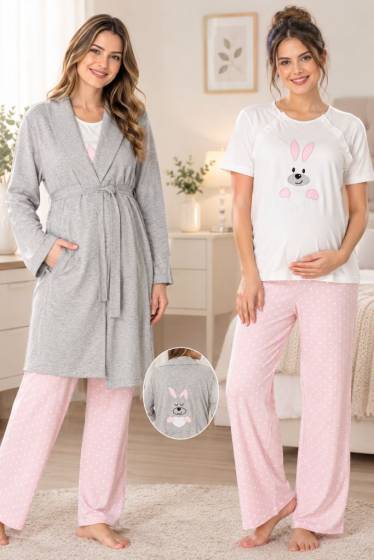 Effortt - Pembe Pamuklu Hamile Lohusa Sabahlıklı Pijama Takımı 3lü Set
