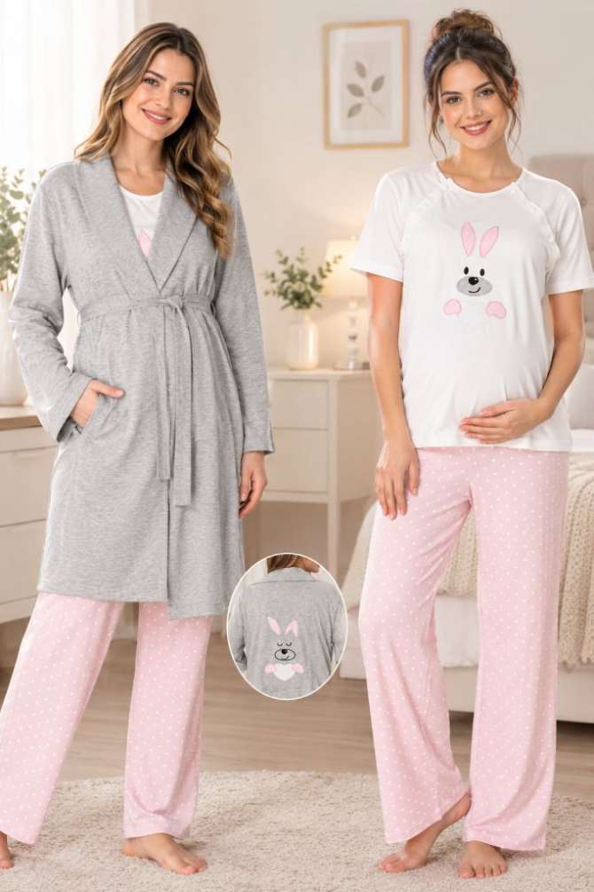 Pembe Pamuklu Hamile Lohusa Sabahlıklı Pijama Takımı 3lü Set