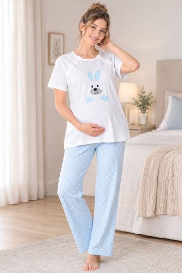 Effortt - Mavi Pamuklu Hamile Lohusa Spor Pijama Takımı