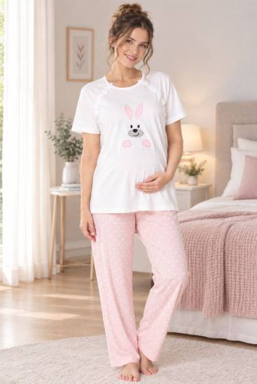 Effortt - Pembe Pamuklu Hamile Lohusa Spor Pijama Takımı