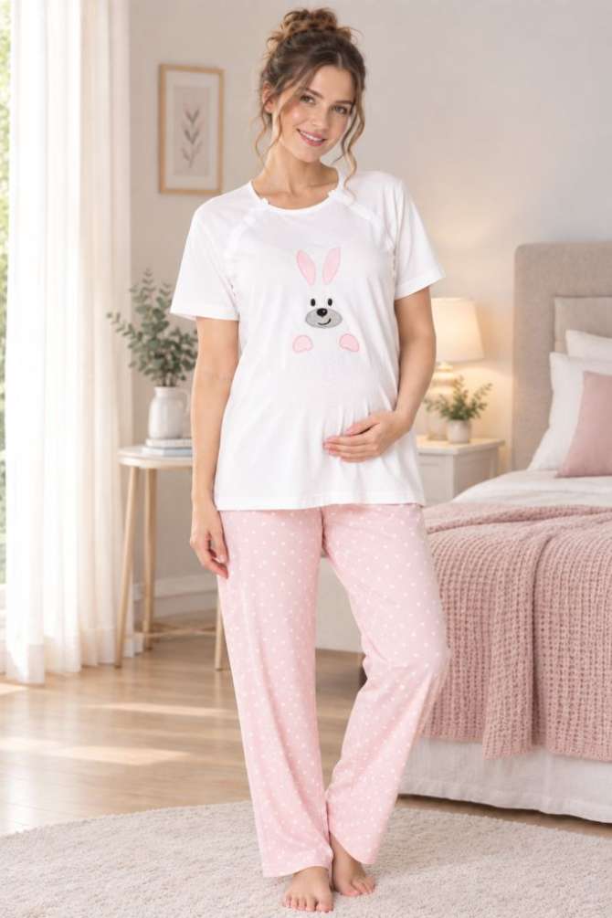 Pembe Pamuklu Hamile Lohusa Spor Pijama Takımı