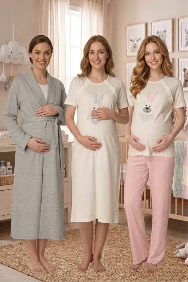 Effortt - Pembe Hamile Lohusa Sabahlıklı Pijama Gecelik 4 Lü Set