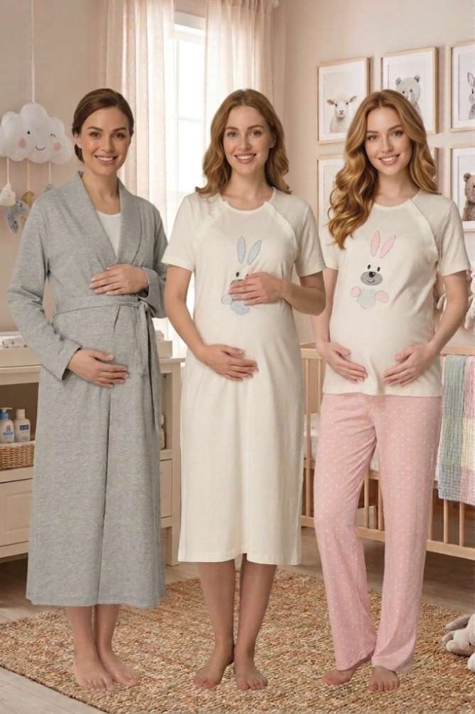 Pembe Hamile Lohusa Sabahlıklı Pijama Gecelik 4 Lü Set