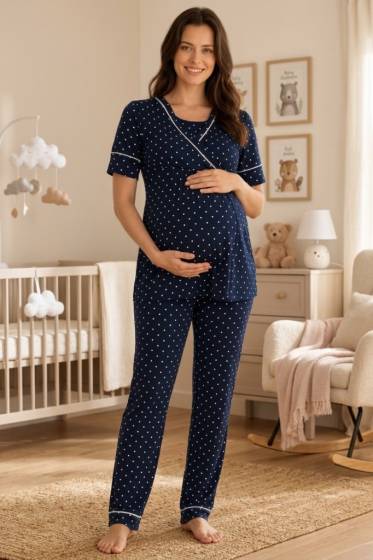 Effortt - Lacivert Puantiyeli Emzirme Özellikli Hamile Lohusa Pijama Takımı